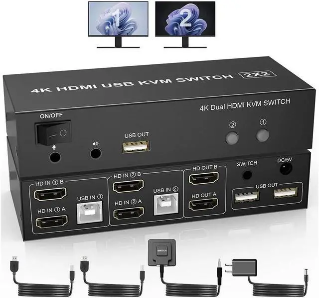 Main image of KVM Switch Dual Monitors 2 Computers, 4K@60Hz Extended Display 2 Ports HDMI KVM Switch 2 Monitors 2 Computers with 3 USB Ports and Audio Microphone Port, PC Monitor Keyboard Mouse Switcher