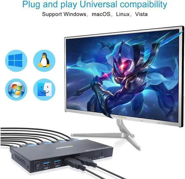 Alt view image 7 of 7 - Switch HDMI 4K @60Hz 4 Port Box, USB Switch with 4 USB 2.0 Hubs, 4 in 1 Out HDMI KVM Switch Support Wireless Keyboard and Mouse and hotkey Switching, No Power Require