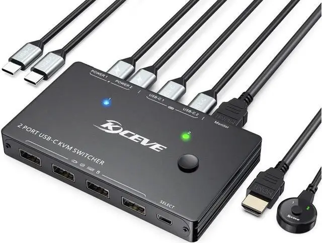 Main image of USB Type-C KVM Switch 4K@60Hz, USB C Switch for 2 Computers Share 1 Monitor and 4 USB Devices, Compatible with Thunderbolt 3, with 100 W Power Delivery Option, Wired Remote and 3 Cables Included
