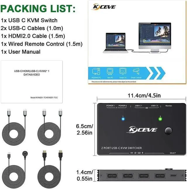 Alt view image 3 of 7 - USB Type-C KVM Switch 4K@60Hz, USB C Switch for 2 Computers Share 1 Monitor and 4 USB Devices, Compatible with Thunderbolt 3, with 100 W Power Delivery Option, Wired Remote and 3 Cables Included
