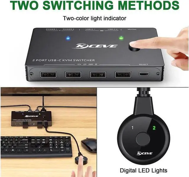 Alt view image 5 of 7 - USB Type-C KVM Switch 4K@60Hz, USB C Switch for 2 Computers Share 1 Monitor and 4 USB Devices, Compatible with Thunderbolt 3, with 100 W Power Delivery Option, Wired Remote and 3 Cables Included