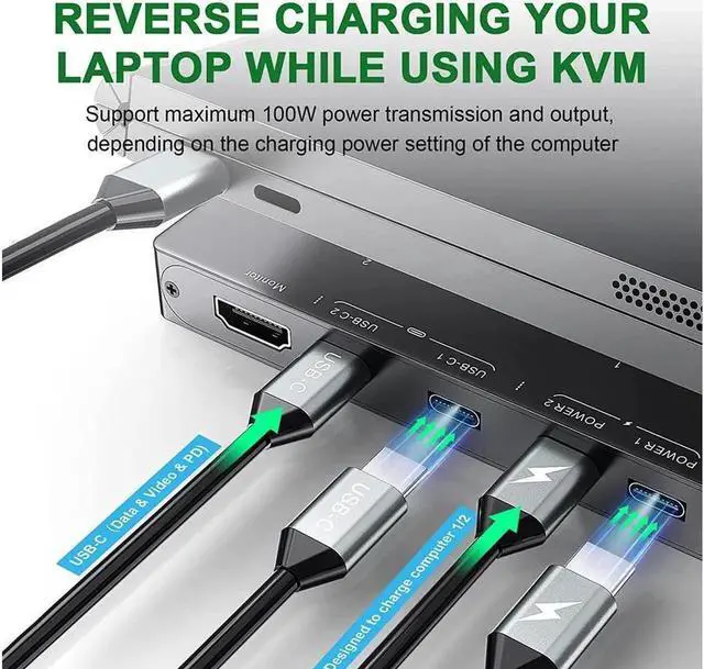 Alt view image 7 of 7 - USB Type-C KVM Switch 4K@60Hz, USB C Switch for 2 Computers Share 1 Monitor and 4 USB Devices, Compatible with Thunderbolt 3, with 100 W Power Delivery Option, Wired Remote and 3 Cables Included