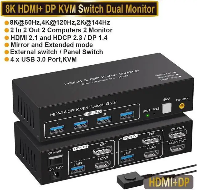 Main image of 2 Port Dual Monitor DisplayPort HDMI KVM Switch 8K @60Hz, 4K @120Hz, USB 3.0 DP+HDMI KVM Switcher 2 in 2 Out for 2 Computers 2 Monitors with 4 Ports USB 3.0 Support Copy and Extended Display