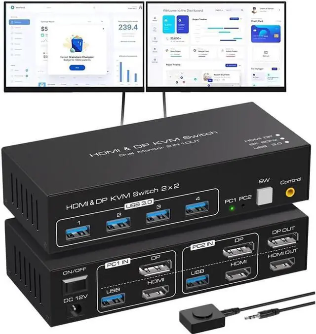 Alt view image 7 of 7 - 2 Port Dual Monitor DisplayPort HDMI KVM Switch 8K @60Hz, 4K @120Hz, USB 3.0 DP+HDMI KVM Switcher 2 in 2 Out for 2 Computers 2 Monitors with 4 Ports USB 3.0 Support Copy and Extended Display