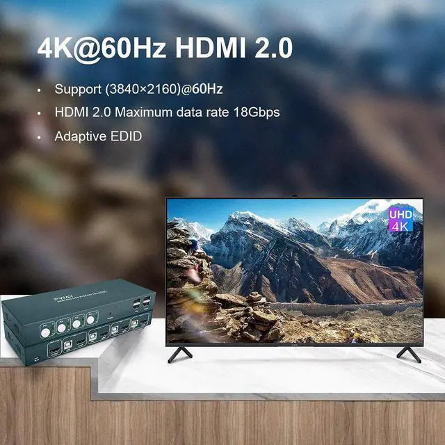 Alt view image 4 of 6 - 4K@60HZ HDMI KVM Switch 4 In 2 Out Support HDMI 2.0 HDCP 2.2 With USB 2.0 Port Hotkey Switch PC Printer Keyboard Mouse