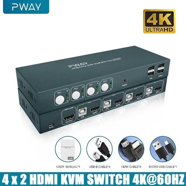 Main image of 4K@60HZ HDMI KVM Switch 4 In 2 Out Support HDMI 2.0 HDCP 2.2 With USB 2.0 Port Hotkey Switch PC Printer Keyboard Mouse