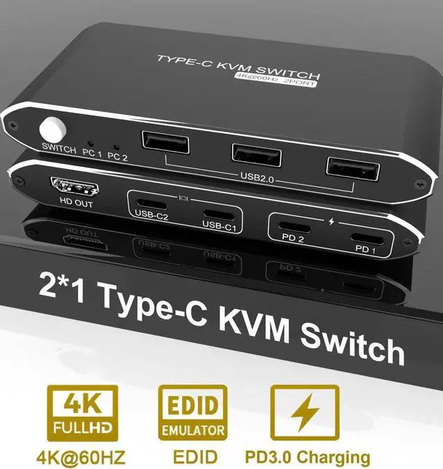 Alt view image 5 of 6 - C KVM Switch 4K 60hz 2 Port Usb 2.0 2x1 to hdmi Kvm Converter Mouse Keyboard Switcher For Computer with type C cables