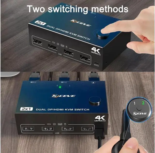 Alt view image 4 of 7 - Monitor Displayport+HDMI KVM Switch 4K@60Hz,2K@120Hz, HDMI DP Extended Display Switcher USB KVM Switch for 2 Computers Share 2 Monitors and 4 USB 2.0 Ports,Wired Remote and 4 Cables Included