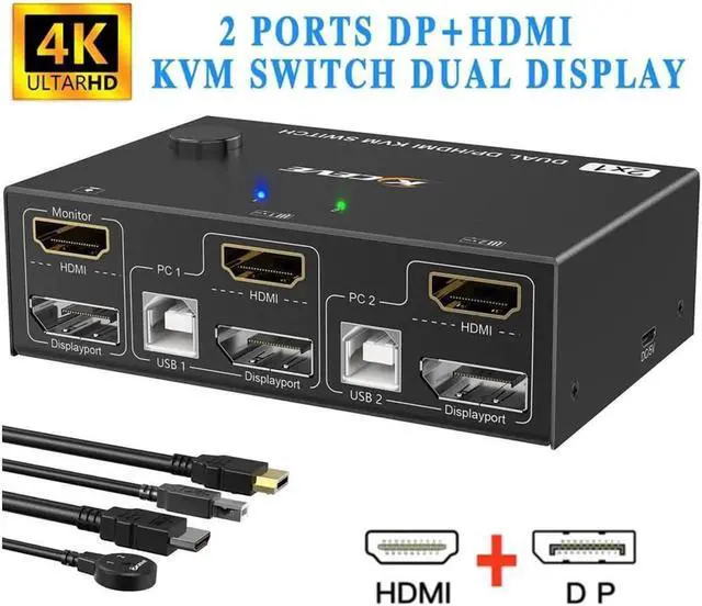 Main image of Monitor Displayport+HDMI KVM Switch 4K@60Hz,2K@120Hz, HDMI DP Extended Display Switcher USB KVM Switch for 2 Computers Share 2 Monitors and 4 USB 2.0 Ports,Wired Remote and 4 Cables Included