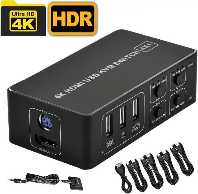 Alt view image 6 of 6 - Switch HDMI 4K 60Hz 4x1 USB KVM Switcher 4 Port in 1 out Dual Port HDMI 2.0 4K 2X1 KVM Switches 4 PC Share Monitor Keyboard