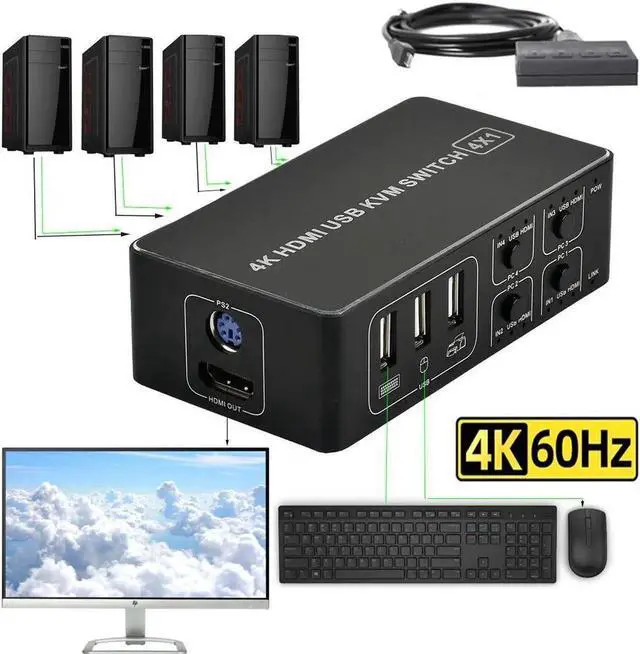 Main image of Switch HDMI 4K 60Hz 4x1 USB KVM Switcher 4 Port in 1 out Dual Port HDMI 2.0 4K 2X1 KVM Switches 4 PC Share Monitor Keyboard