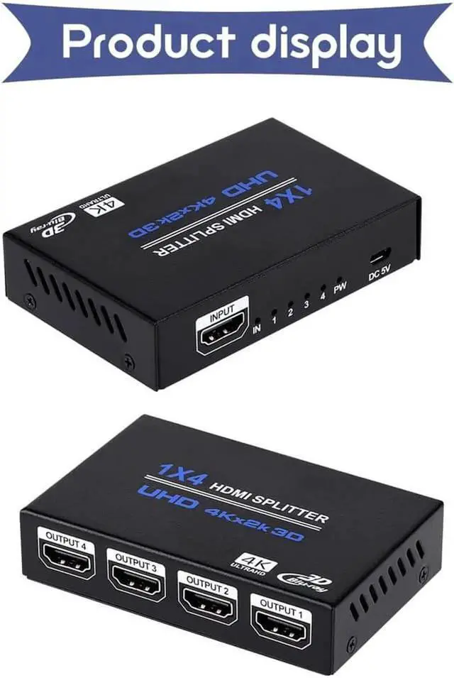 Alt view image 2 of 7 - 1x4 HDMI Splitter, 1 in 4 Out HDMI Splitter Audio Video Distributor Box Support 3D & 4K x 2K Compatible for HDTV, STB, DVD, PS3, Projector Etc