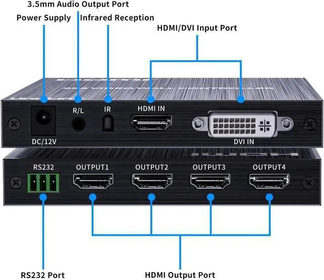 Alt view image 4 of 6 - 2x2 HDMI DVI Video Wall Controller 1080P@60Hz with Remoter 3.5mm 1X2 1X3 1X4 2X1 3x1 4X1 2X2 Video Splitter 180 Flip