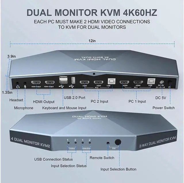Alt view image 7 of 7 - 2 PCs Dual Monitor HDMI KVM Switch 4K @60Hz, Support HDCP 2.2, HDMI + HDMI 4x2 Dual Monitor KVM Switch for 2 PCs and 2 Monitors