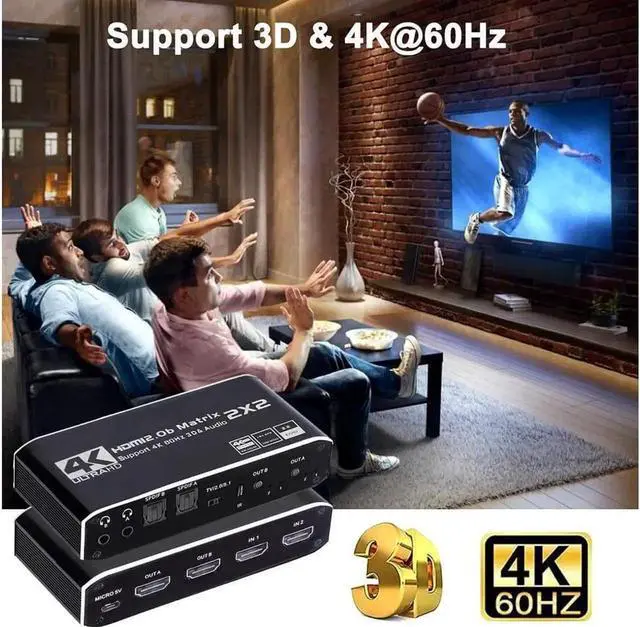 Alt view image 4 of 7 - HDMI Matrix 2x2, 4K@60Hz HDMI Matrix Switcher 2 in 2 Out with Optical & L/R Audio Extractor, HDMI Video Switch Splitter Support IR Remote, Auto Scaling HDMI 2.0b/HDCP 2.2, RGB 8:8:8, 18.5Gbps, HDR, 3D