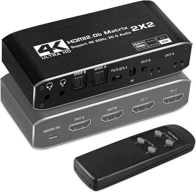 Main image of HDMI Matrix 2x2, 4K@60Hz HDMI Matrix Switcher 2 in 2 Out with Optical & L/R Audio Extractor, HDMI Video Switch Splitter Support IR Remote, Auto Scaling HDMI 2.0b/HDCP 2.2, RGB 8:8:8, 18.5Gbps, HDR, 3D