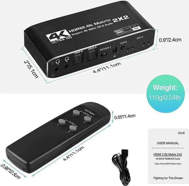 Alt view image 7 of 7 - HDMI Matrix 2x2, 4K@60Hz HDMI Matrix Switcher 2 in 2 Out with Optical & L/R Audio Extractor, HDMI Video Switch Splitter Support IR Remote, Auto Scaling HDMI 2.0b/HDCP 2.2, RGB 8:8:8, 18.5Gbps, HDR, 3D