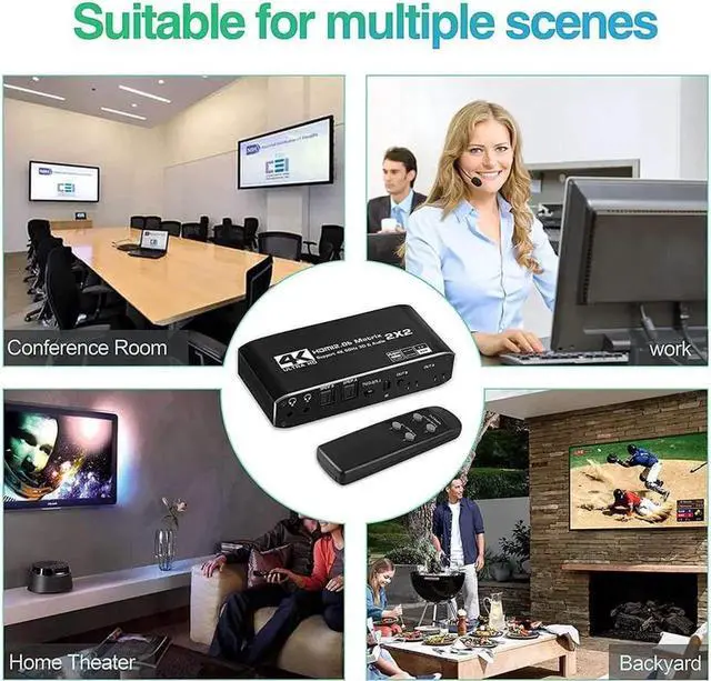 Alt view image 5 of 7 - HDMI Matrix 2x2, 4K@60Hz HDMI Matrix Switcher 2 in 2 Out with Optical & L/R Audio Extractor, HDMI Video Switch Splitter Support IR Remote, Auto Scaling HDMI 2.0b/HDCP 2.2, RGB 8:8:8, 18.5Gbps, HDR, 3D
