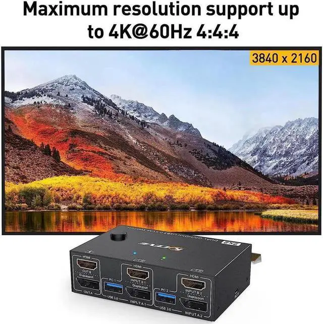 Alt view image 2 of 7 - 2 Port Displayport + HDMI Dual Monitor KVM Switch USB 3.0, HDMI DP Extended Display Switcher for 2 Computers Share 2 Monitors Support 4K @60Hz with 4 USB 3.0 Ports, Wired Remote and 4 Cables Included