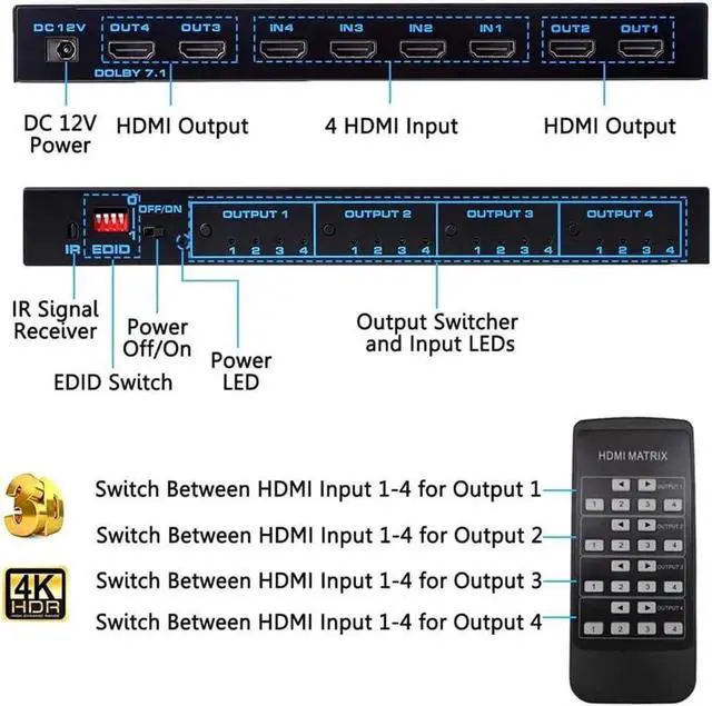 Alt view image 5 of 7 - Matrix 4X4, 4K UHD HDMI 4 In 4 Out Matrix HDMI 2.0 Matrix Switcher 4x4 Ports 4K @60Hz Support 4K Dolby Vision HDR HDCP 2.2 Support Remote Control