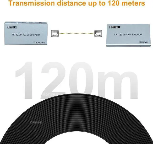 Alt view image 5 of 6 - 4K HDMI KVM Extender 120M HDMI USB Extender Over Ethernet Cat6/7 Cable with Loop-out Support USB Keyboard Mouse for PC Monitor