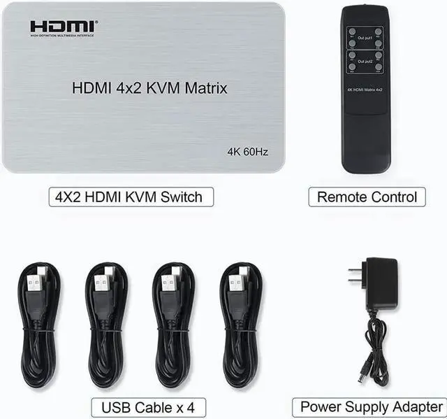 Alt view image 3 of 7 - 4x2 HDMI KVM Matrix Switcher, 4K@60Hz KVM Switch + Optical & L/R Audio Output, 4 HDMI2.0 Port + 4 USB2.0 Port, Share 4 Computer to Dual Monitor, Support Auto Scale, Audio Extractor with Remote Control
