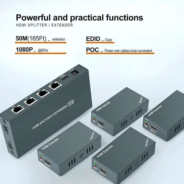 Alt view image 6 of 6 - 1x4 HDMI Extender Splitter 1080p Over Cat5e/Cat6 Ethernet Cable with Loopout - Up to 50m/165ft - EDID Management 1920*1080@60Hz