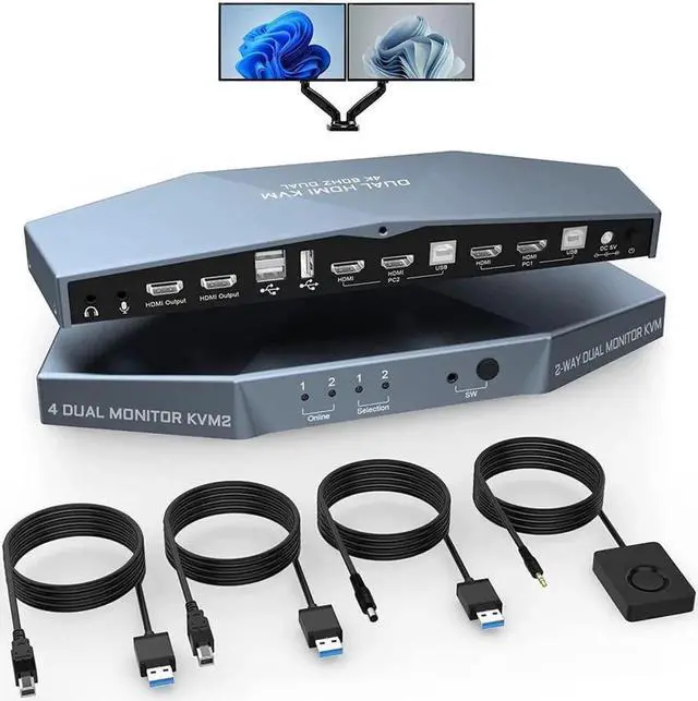 Main image of Monitors HDMI KVM Switch 2 Monitors 2 Computers 2 in 2 Out, 4K @60Hz Extended Display Dual Monitor KVM Switch with Audio Microphone Output and 3 USB 2.0 Ports, PC Screen Keyboard Mouse