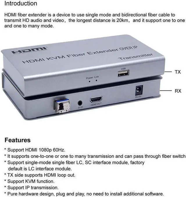 Alt view image 5 of 6 - 20km HDMI USB KVM Fiber Extender Over IP Single Mode Fiber-LC Fiber Optic Transceiver Audio Video Converter Transmitter Receiver