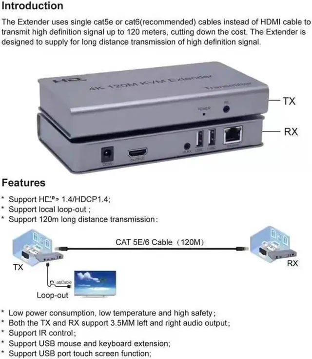Alt view image 4 of 6 - 4K 120M HDMI KVM Extender over Cat5e/6 cable HDMI USB Ethernet Extender Transmit with Loop out IR Control Support Mouse Keyboard