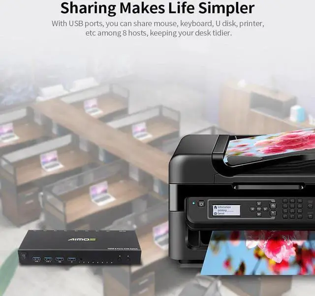 Alt view image 5 of 6 - 8 in 1 Out HDMI KVM Switch Sharing Monitor/Keyboard/Mouse/Printer among 8 Hosts/ 4K@30Hz/Audio&Video Sync Output