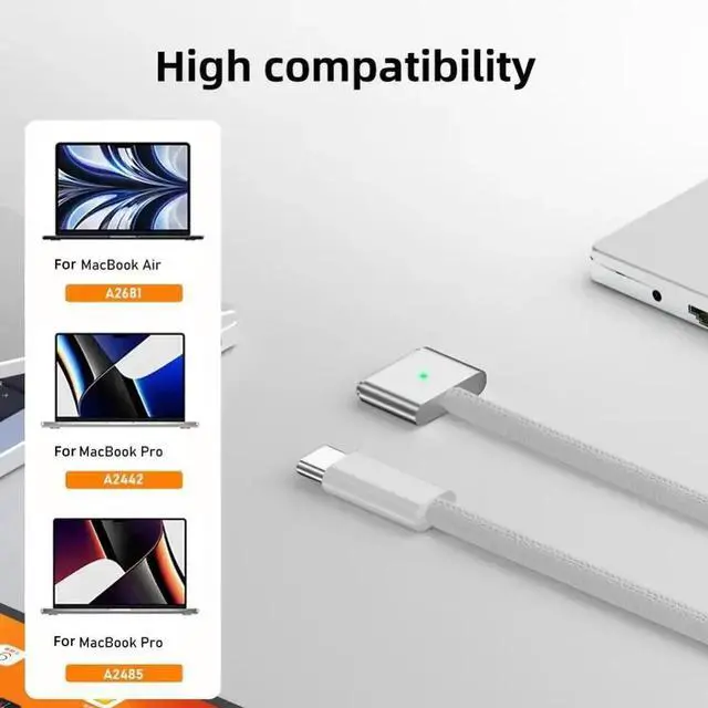 Alt view image 7 of 7 - USB Type C To Magsafe 3 Magnetic Charger Cord Laptop Charging Cable Converter PD 140W for MacBook Air/Pro A2442 A2485 A2681