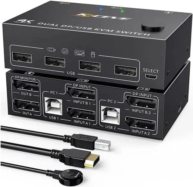 Main image of 2 Port DP KVM Switch Dual Monitor, 8K@30Hz 4K@144Hz DisplayPort KVM Switch 2 in 2 Out, with 4 USB Port for 2 Computers 2 Monitors, Backward Compatible DP1.2 with DP+USB Cables and Wired Controller
