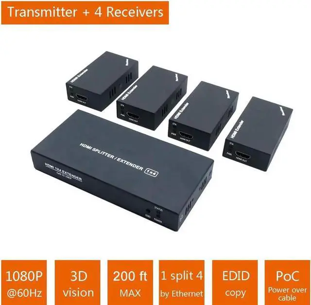 Alt view image 3 of 6 - HDMI-compatible/USB KVM Switch Splitter 1X4 HDMI Extender 60m 1 to 4 over cat5e cat6 RJ45 output Full HD1080p Paystation 4