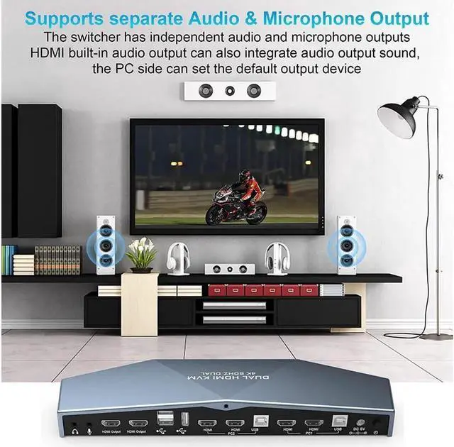 Alt view image 4 of 7 - Monitor HDMI 2.0 KVM Switch 2 Port Extended Display 4K @60Hz, USB KVM Switch HDMI 2 in 2 Out with Audio Microphone Output and 3 USB 2.0 Hub, 2 HDMI Monitors 2 Computers Switch, with 2 USB Cables