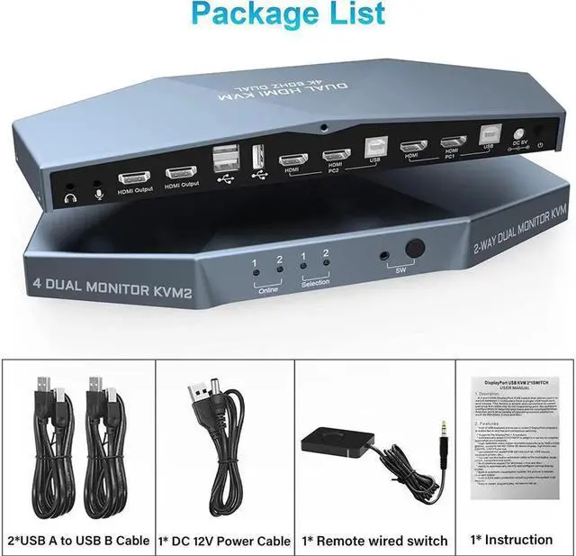 Alt view image 5 of 7 - Monitor HDMI 2.0 KVM Switch 2 Port Extended Display 4K @60Hz, USB KVM Switch HDMI 2 in 2 Out with Audio Microphone Output and 3 USB 2.0 Hub, 2 HDMI Monitors 2 Computers Switch, with 2 USB Cables