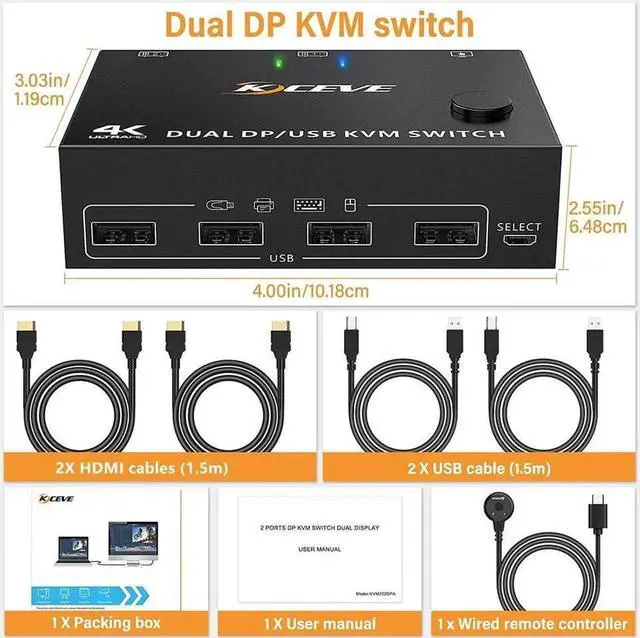 Main image of 2 Port Dual Monitor Displayport KVM Switch 2 Computer 2 Monitors, Two Monitors Displayport USB DP KVM Dual Monitor Switcher 2 in 2 Out, Supports 4K @60Hz for 2 PCs sharing keyboard, mouse and monitor