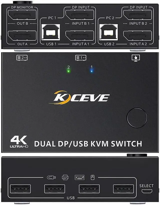 Alt view image 6 of 7 - 2 Port Dual Monitor Displayport KVM Switch 2 Computer 2 Monitors, Two Monitors Displayport USB DP KVM Dual Monitor Switcher 2 in 2 Out, Supports 4K @60Hz for 2 PCs sharing keyboard, mouse and monitor
