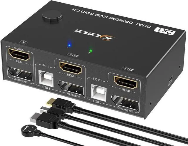 Main image of Monitor KVM Switch HDMI and DP 2 Port 4K @60Hz, Extended Display Switcher for 2 Computers Share 2 Monitors (1 Displayport and 1 HDMI) with 4 USB 2.0 Hub, Desktop Controller and USB HDMI DP Cables