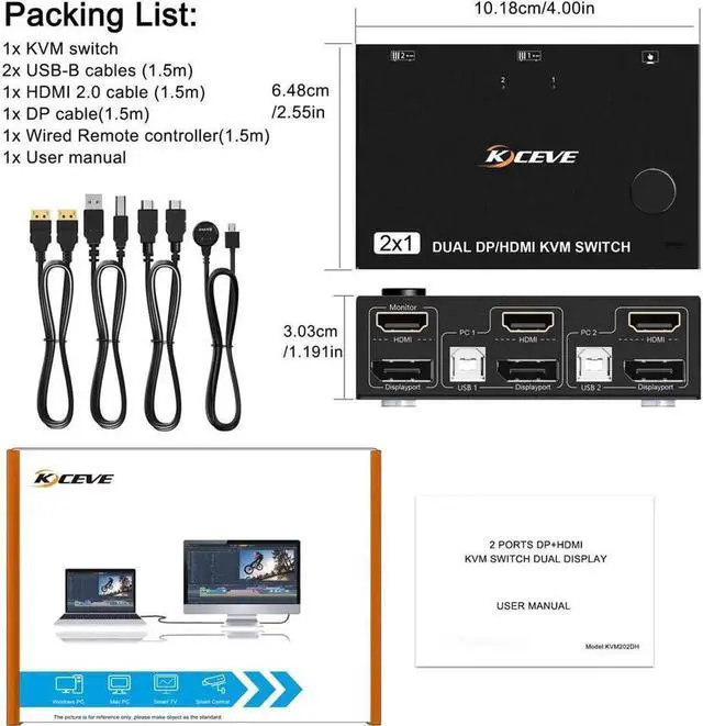 Alt view image 7 of 7 - Monitor KVM Switch HDMI and DP 2 Port 4K @60Hz, Extended Display Switcher for 2 Computers Share 2 Monitors (1 Displayport and 1 HDMI) with 4 USB 2.0 Hub, Desktop Controller and USB HDMI DP Cables