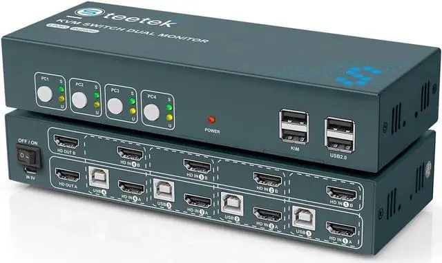 Main image of 4 Port USB 3.0 KVM Switch Dual Monitor HDMI 4K 60Hz, Keyboard Video Mouse Peripherals Switcher for 4 Computers 2 Monitors
