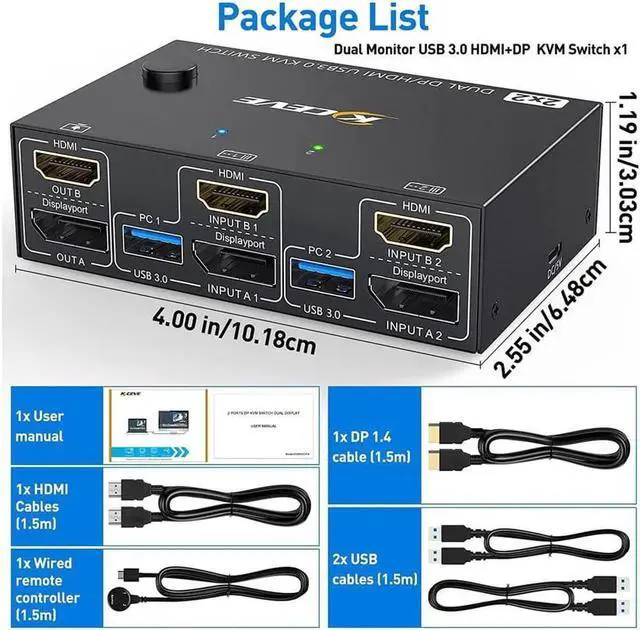 Main image of + HDMI Dual Monitor KVM Switch 4K @60Hz, 2K @120Hz USB 3.0 HDMI DP Extended Display Switcher for 2 Computers Share 2 Monitors and 4 USB 3.0 Ports,Wired Remote and 4 Cables Included