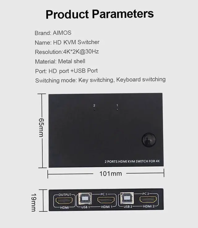 Alt view image 4 of 6 - AM-KM201 HDMI KVM Switcher 4K 2 in 1 out KVM Switcher Keyboard Mouse USB Shared Display Synchronization Controller