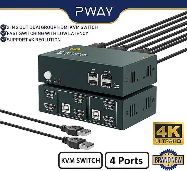 Alt view image 4 of 6 - 2 port KVM Switch HDMI 2.0 Switcher Splitter 4K@60Hz 2 Group 2 In 2 Out 4 Port With 4 USB Hub For PC Macbook Laptop Dual Display