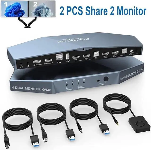 Main image of Monitor HDMI KVM Switch for 2 Computers Share 2 Monitors, 4K @60Hz Extended Display Dual Monitors KVM Switch with Audio Microphone Out and 3 USB 2.0 ports, PC Monitor Keyboard Mouse Switcher