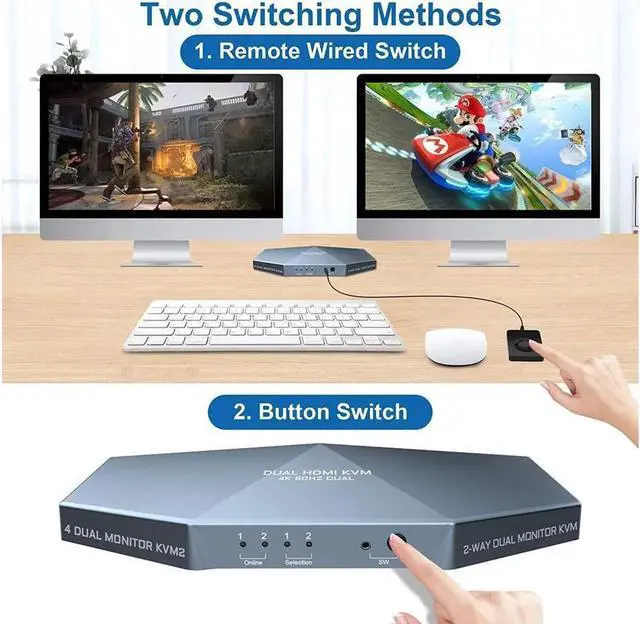 Alt view image 4 of 7 - Monitor HDMI KVM Switch for 2 Computers Share 2 Monitors, 4K @60Hz Extended Display Dual Monitors KVM Switch with Audio Microphone Out and 3 USB 2.0 ports, PC Monitor Keyboard Mouse Switcher