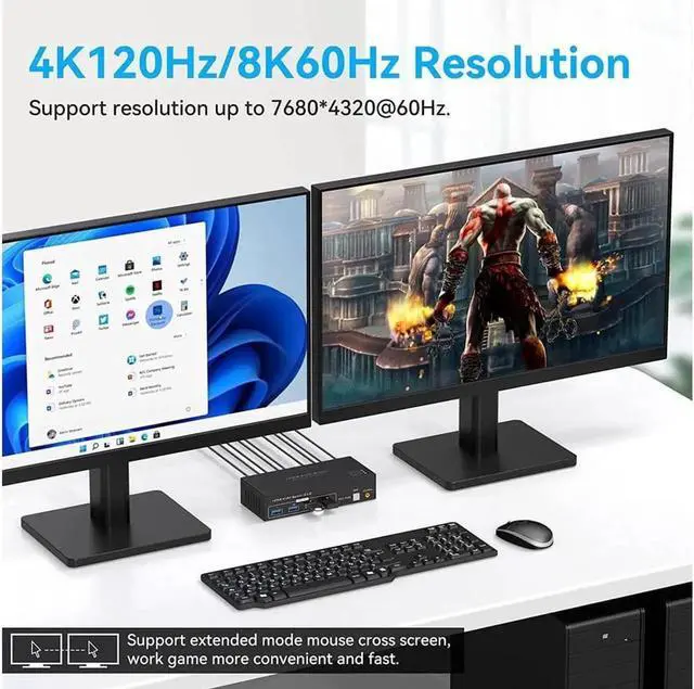 Alt view image 3 of 7 - Monitor HDMI KVM Switch USB 3.0, 2 Port HDMI 4K @120HZ 8K @60HZ KVM Switcher HDMI for 2 Computers 2 Monitors with 4 Ports USB 3.0 Support Copy and Extended Display and Desktop Control