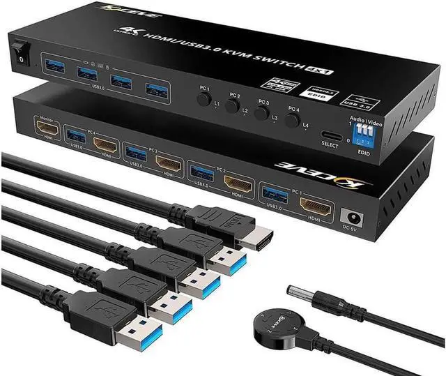 Main image of USB 3.0 KVM Switch HDMI 4 Port Support 4K @60Hz RGB 4:4:4, USB Hub HDR EDID, HDMI USB KVM Switch 4 in 1 out and 4 USB 3.0 Port for Keyboard Mouse Printer,with Controller,USB3.0 Cables and HDMI Cable