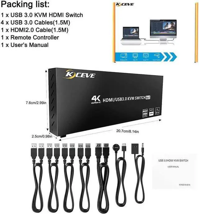 Alt view image 3 of 7 - USB 3.0 KVM Switch HDMI 4 Port Support 4K @60Hz RGB 4:4:4, USB Hub HDR EDID, HDMI USB KVM Switch 4 in 1 out and 4 USB 3.0 Port for Keyboard Mouse Printer,with Controller,USB3.0 Cables and HDMI Cable