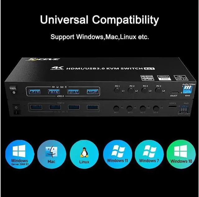 Alt view image 6 of 7 - USB 3.0 KVM Switch HDMI 4 Port Support 4K @60Hz RGB 4:4:4, USB Hub HDR EDID, HDMI USB KVM Switch 4 in 1 out and 4 USB 3.0 Port for Keyboard Mouse Printer,with Controller,USB3.0 Cables and HDMI Cable
